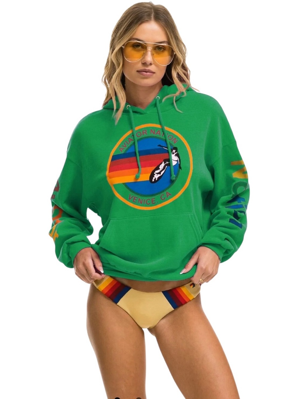 Aviator Nation Relaxed Mill Valley Hoodie Pullover Kelly Green Spell Out Unisex